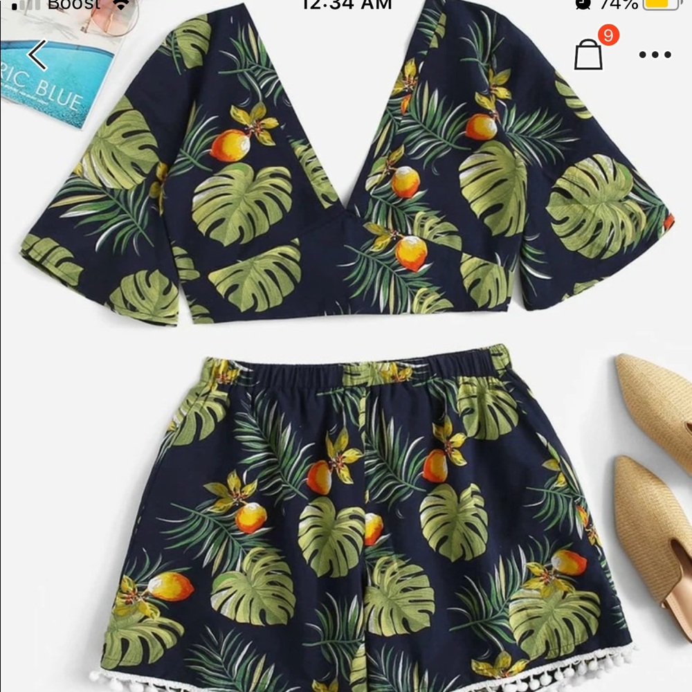 Plus tropical print top with Pom Pom shorts
